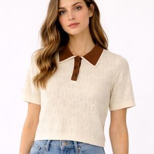 Tory Burch T Monogram Cotton Pointelle Polo Shirt Size Medium Knit Cream